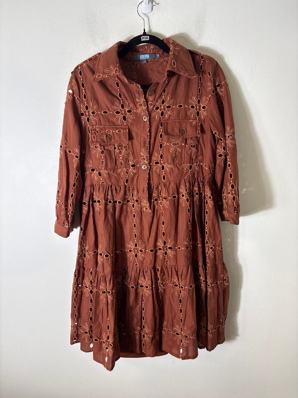 Eva Franco Brown Eyelet Tiered Half Sleeve Mini Dress Sz S